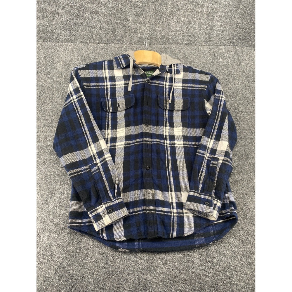 American Eagle Hooded Flannel Shirt Mens Medium Blue Plaid Long Sleeve Button Up